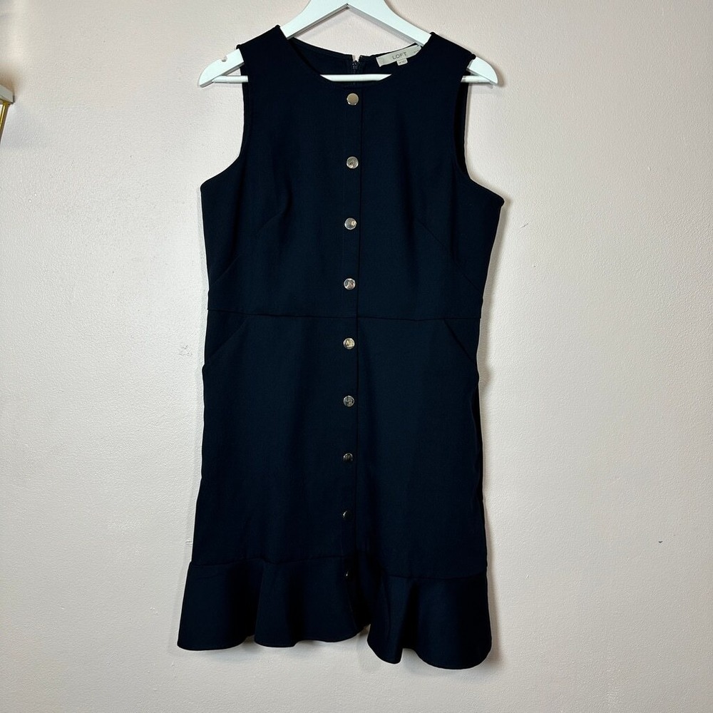 LOFT Navy Blue‎ Sleeveless Flounce Hem Button Front Pocket Shift Dress 12P
